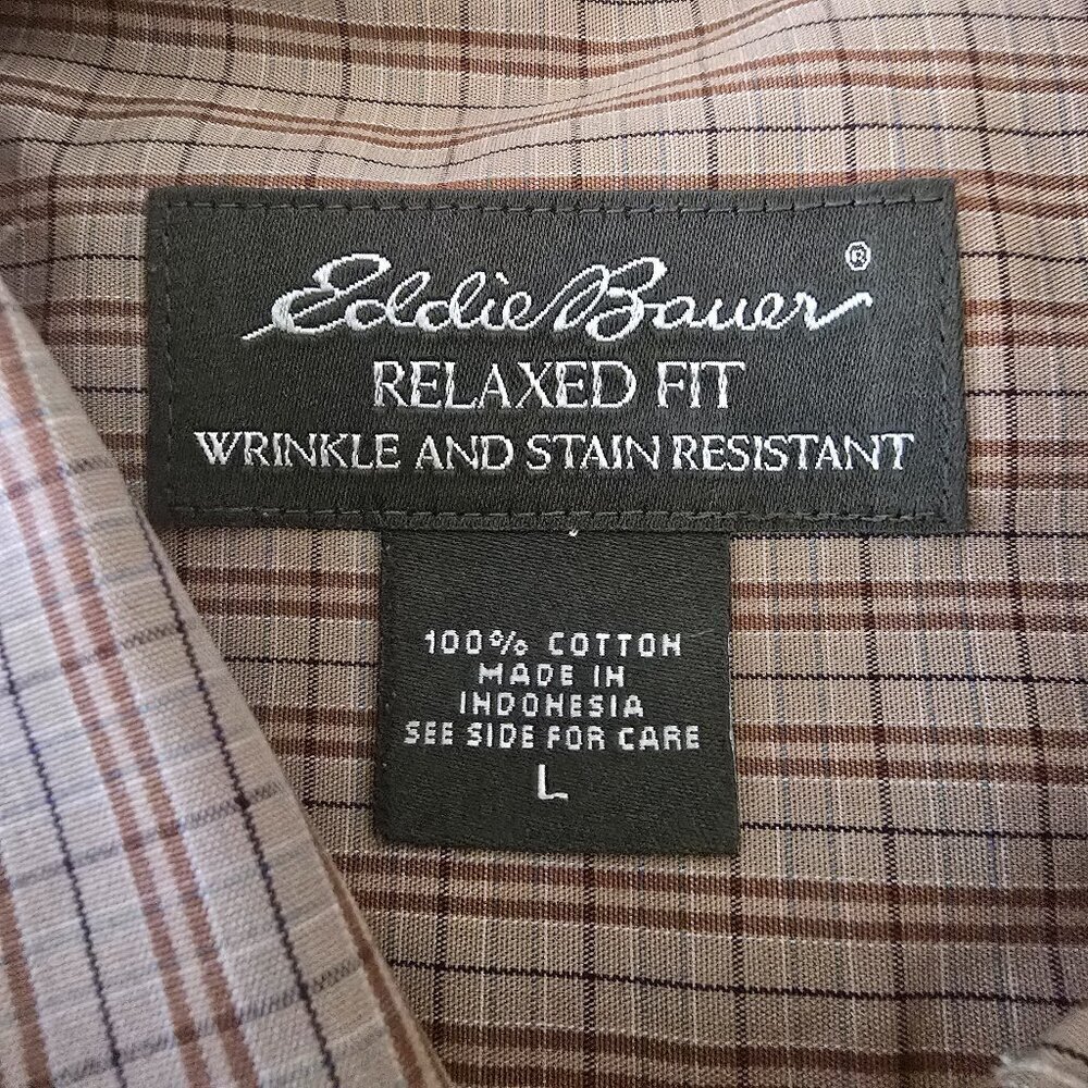 EDDIE BAUER RELAXED FIT WRINKLE RESISTANT LONG SLEEVE TAN PLAID SHIRT SIZE LARGE - Picture 3 of 8
